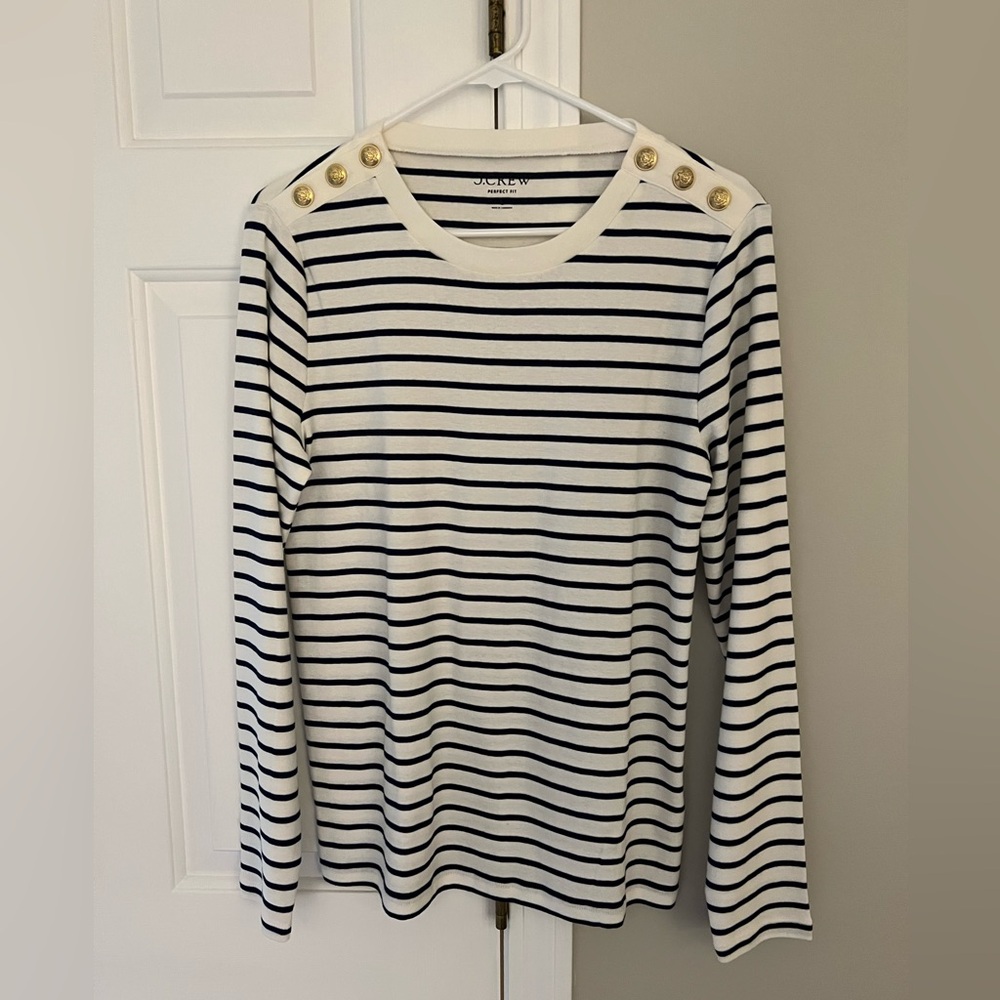 J.Crew Women’s Perfect-Fit Striped T-shirt with Buttons (Size L)